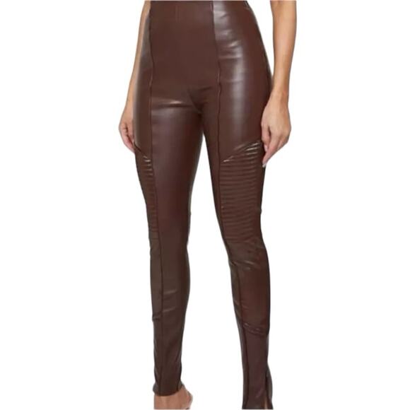 Maniere De Voir Vegan Faux Leather Brown Ribbed Patent Leggings Moto NWT size 12 - Picture 3 of 15
